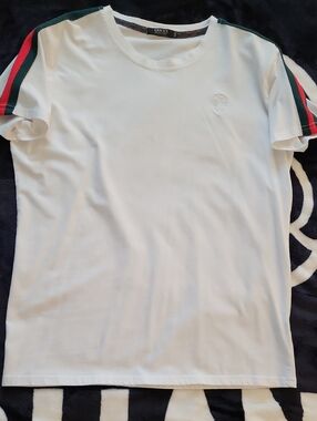 Gucci White Short Sleeve Tee with Green & Red Shoulder Stripes Unisex